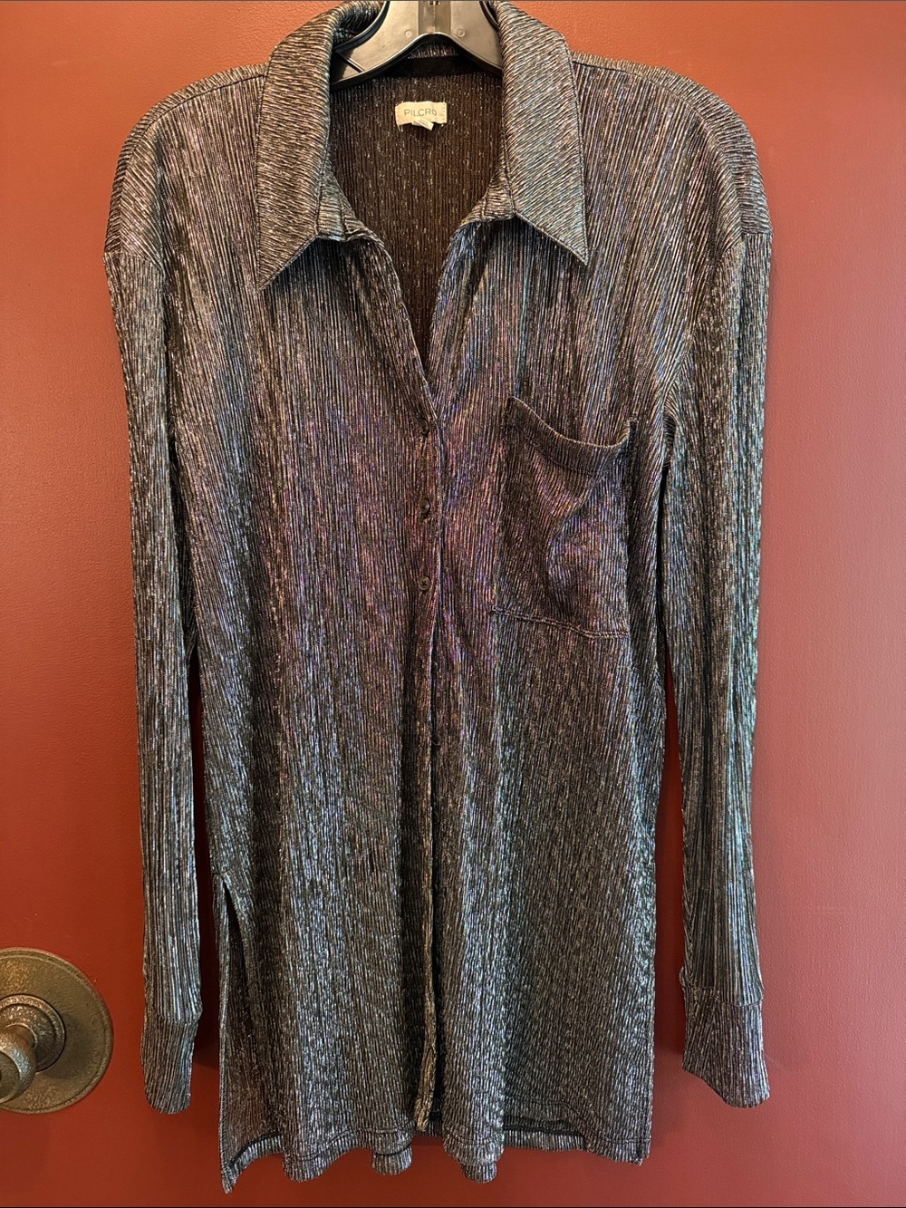 Pilcro Metallic Gray Long-Sleeve Button Cardigan Sweater